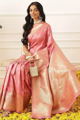 Pink woven art silk traditional saree with blouse piece