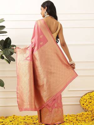 Pink woven art silk traditional saree with blouse piece 3