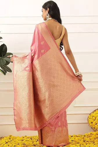 Pink woven art silk traditional saree with blouse piece
