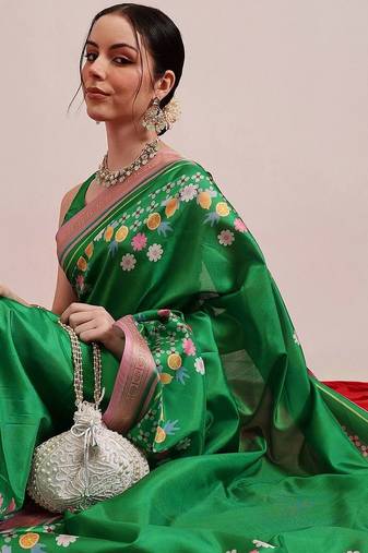 Green printed art silk ethnic saree with blouse piece