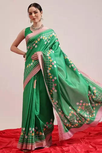 Green printed art silk ethnic saree with blouse piece