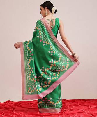 Green printed art silk ethnic saree with blouse piece 3