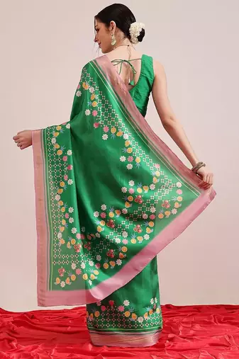 Green printed art silk ethnic saree with blouse piece