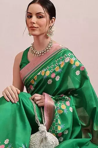 Green printed art silk ethnic saree with blouse piece