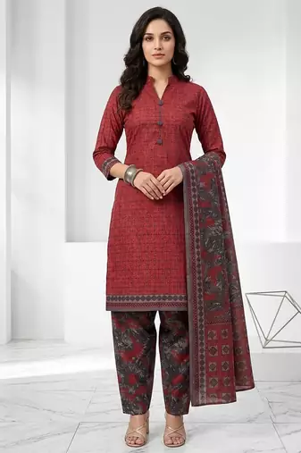 Maroon printed cotton blend stitched geometric print salwar kurta dupatta for women