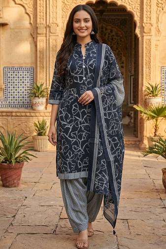 Blue printed cotton blend stitched floral print salwar kurta dupatta for women
