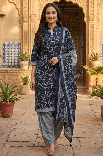 Blue printed cotton blend stitched floral print salwar kurta dupatta for women