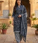 Blue printed cotton blend stitched floral print salwar kurta dupatta for women