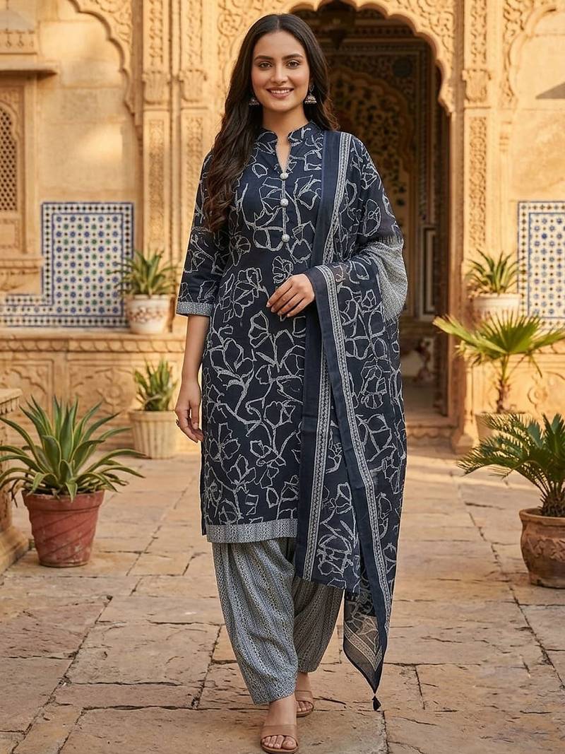 Blue printed cotton blend stitched floral print salwar kurta dupatta for women