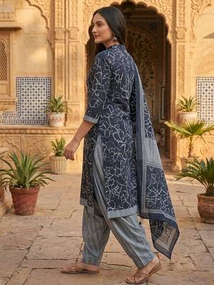 Blue printed cotton blend stitched floral print salwar kurta dupatta for women 2