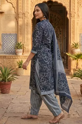 Blue printed cotton blend stitched floral print salwar kurta dupatta for women