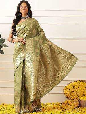 Olive woven art silk traditional saree with blouse piece 1
