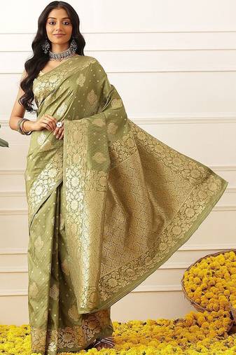 Olive woven art silk traditional saree with blouse piece