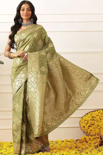 Olive woven art silk traditional saree with blouse piece