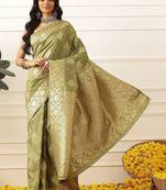 Olive woven art silk traditional saree with blouse piece
