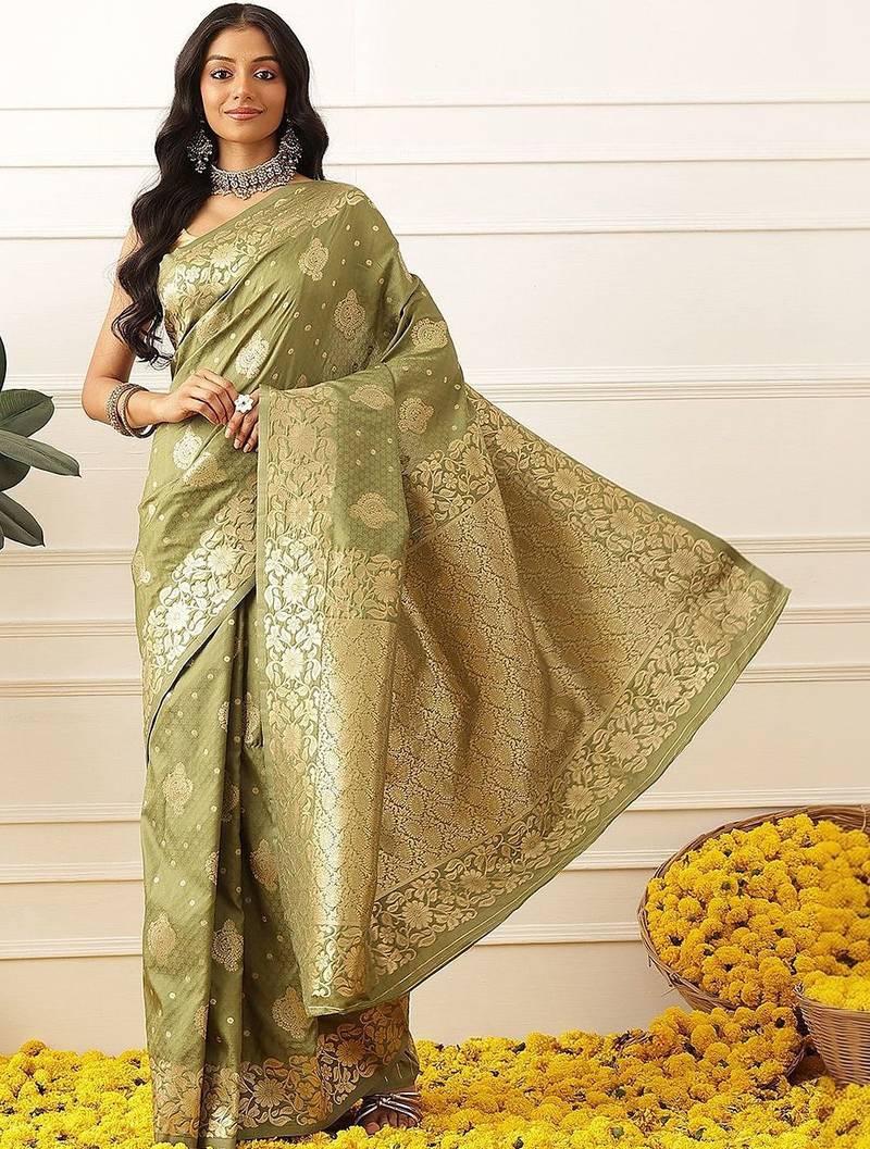 Olive woven art silk traditional saree with blouse piece