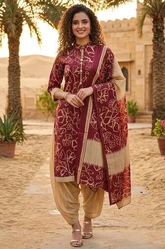 Red printed cotton blend stitched floral print salwar kurta dupatta for women