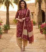 Red printed cotton blend stitched floral print salwar kurta dupatta for women