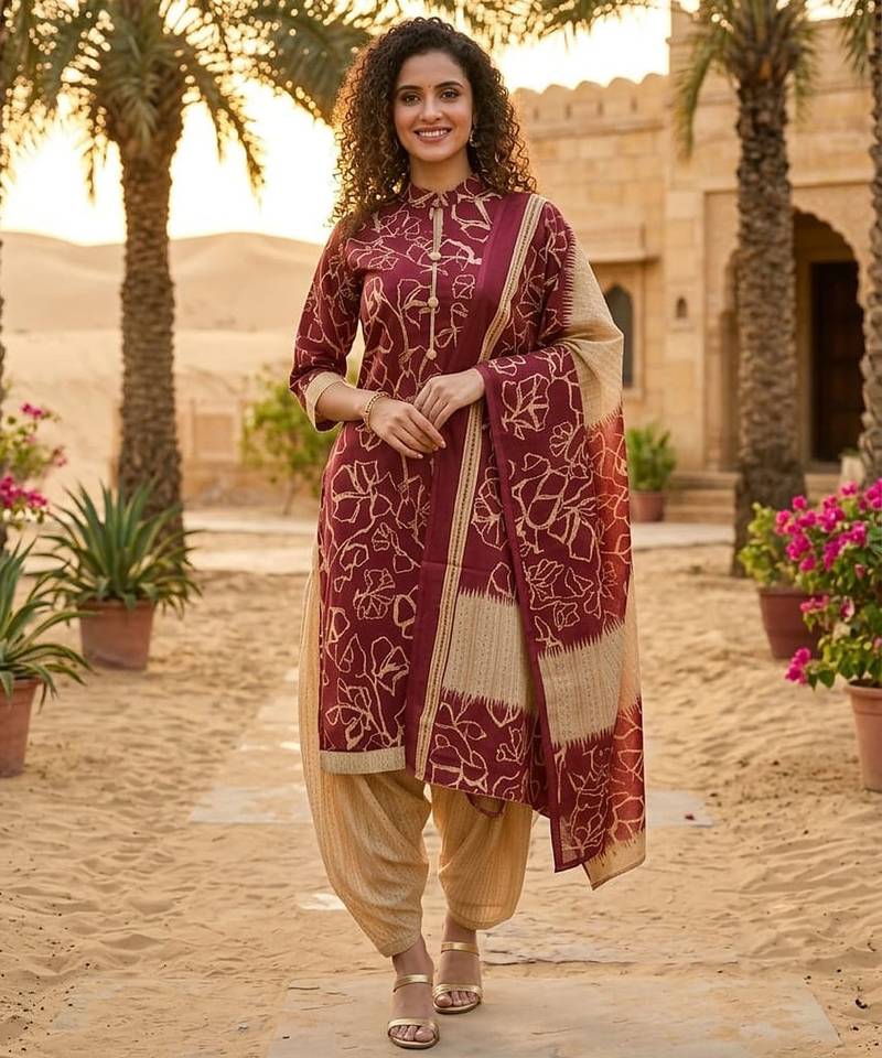 Red printed cotton blend stitched floral print salwar kurta dupatta for women