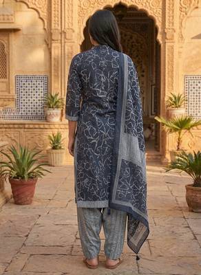 Blue printed cotton blend stitched floral print salwar kurta dupatta for women 3