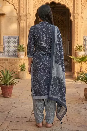 Blue printed cotton blend stitched floral print salwar kurta dupatta for women