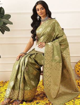 Olive woven art silk traditional saree with blouse piece 2