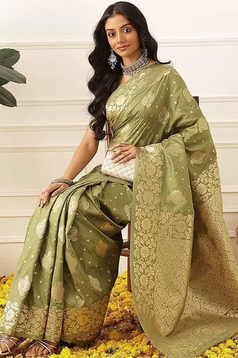 Olive woven art silk traditional saree with blouse piece