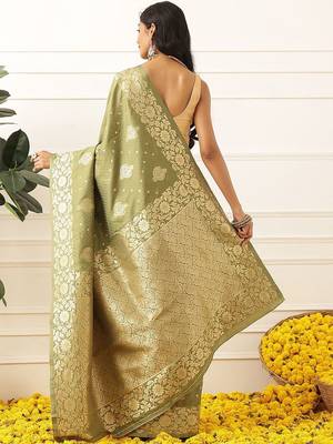 Olive woven art silk traditional saree with blouse piece 3