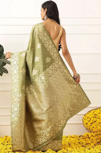 Olive woven art silk traditional saree with blouse piece