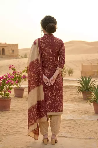 Red printed cotton blend stitched floral print salwar kurta dupatta for women