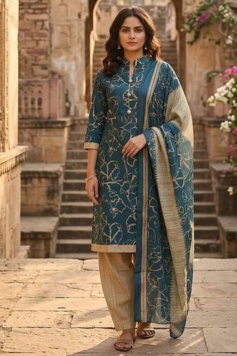 Teal printed cotton blend stitched floral print salwar kurta dupatta for women