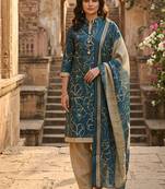 Teal printed cotton blend stitched floral print salwar kurta dupatta for women