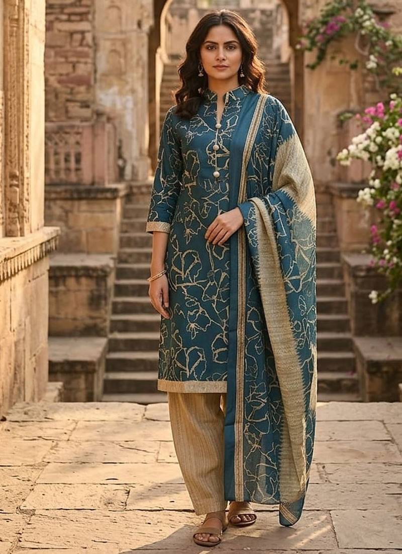 Teal printed cotton blend stitched floral print salwar kurta dupatta for women