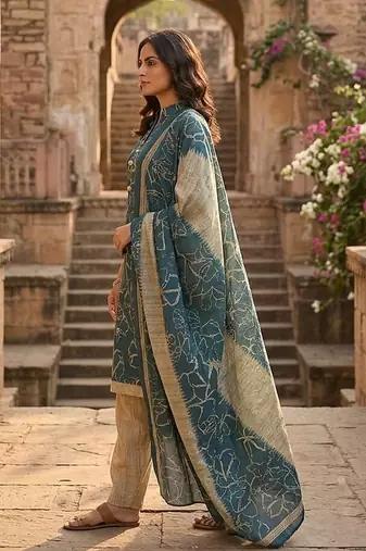 Teal printed cotton blend stitched floral print salwar kurta dupatta for women