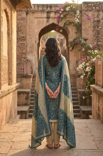 Teal printed cotton blend stitched floral print salwar kurta dupatta for women