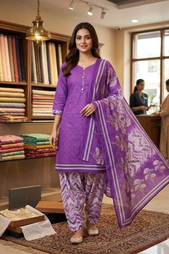 Pink printed cotton blend stitched floral print salwar kurta dupatta for women