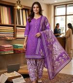 Pink printed cotton blend stitched floral print salwar kurta dupatta for women