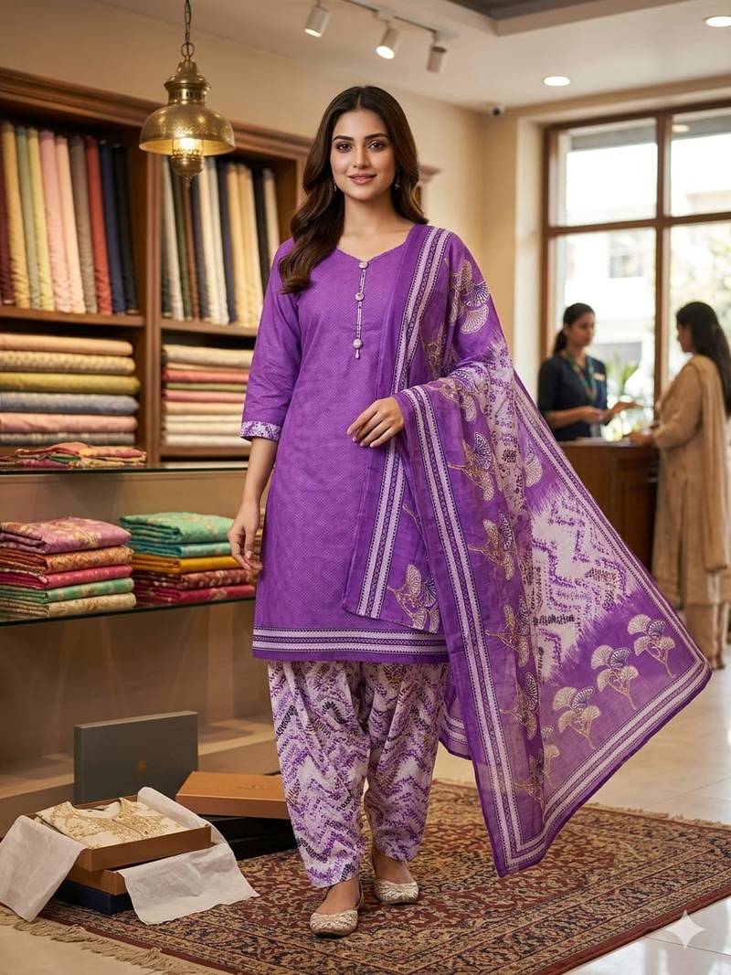 Pink printed cotton blend stitched floral print salwar kurta dupatta for women