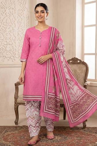 Purple printed cotton blend stitched floral print salwar kurta dupatta for women