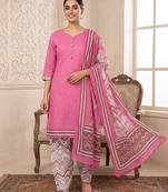 Purple printed cotton blend stitched floral print salwar kurta dupatta for women
