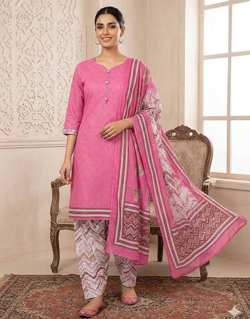 Purple printed cotton blend stitched floral print salwar kurta dupatta for women