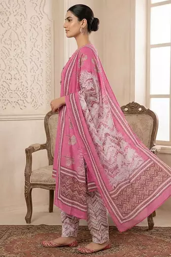 Purple printed cotton blend stitched floral print salwar kurta dupatta for women