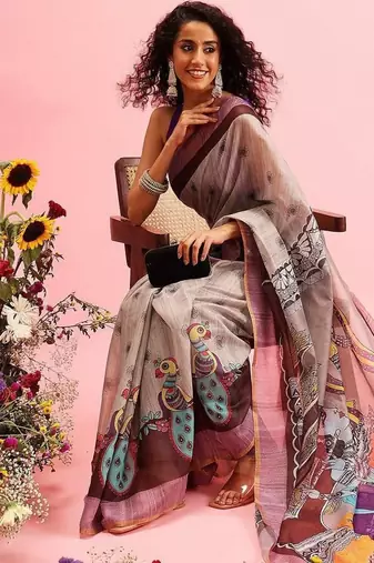 Grey printed cotton blend ethnic saree with blouse piece