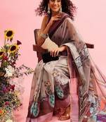 Grey printed cotton blend ethnic saree with blouse piece