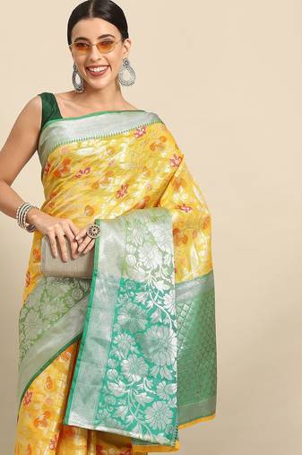 Yellow floral zari brocade traditional saree with blouse piece