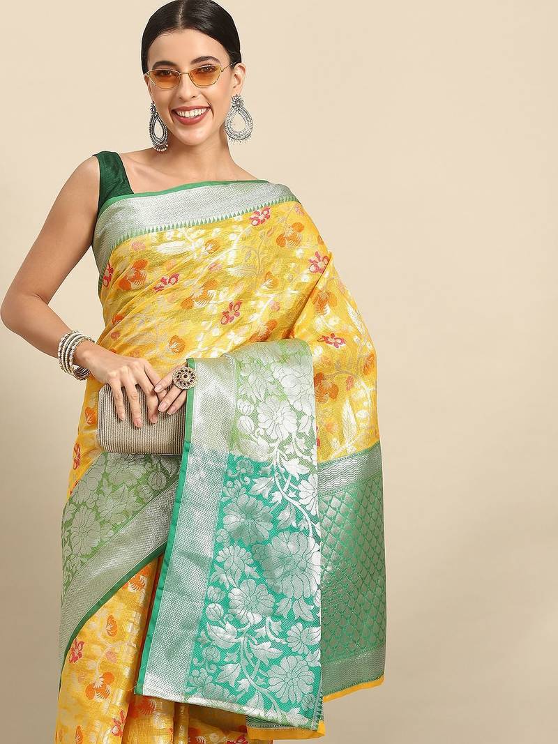 Yellow floral zari brocade traditional saree with blouse piece