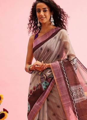 Grey printed cotton blend ethnic saree with blouse piece 2