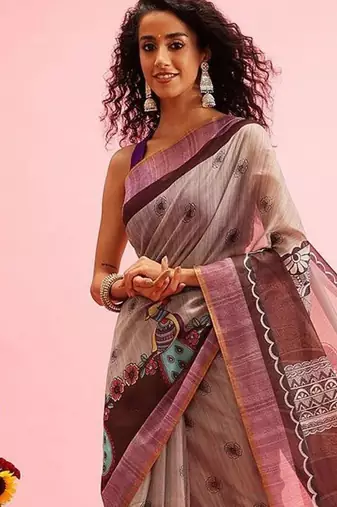 Grey printed cotton blend ethnic saree with blouse piece
