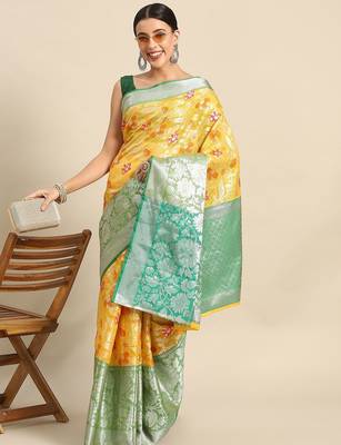 Yellow floral zari brocade traditional saree with blouse piece 2