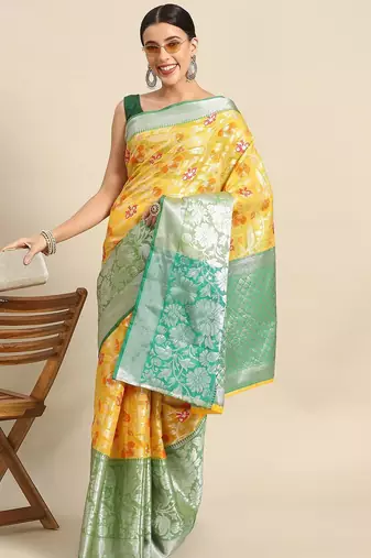 Yellow floral zari brocade traditional saree with blouse piece